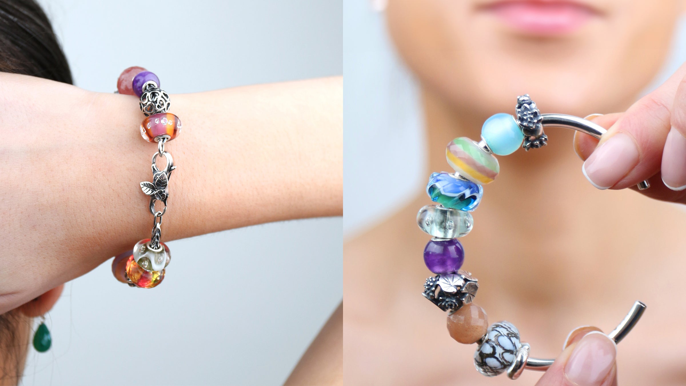 Silver bracelet and bangle with beads, silver clasp and spacers