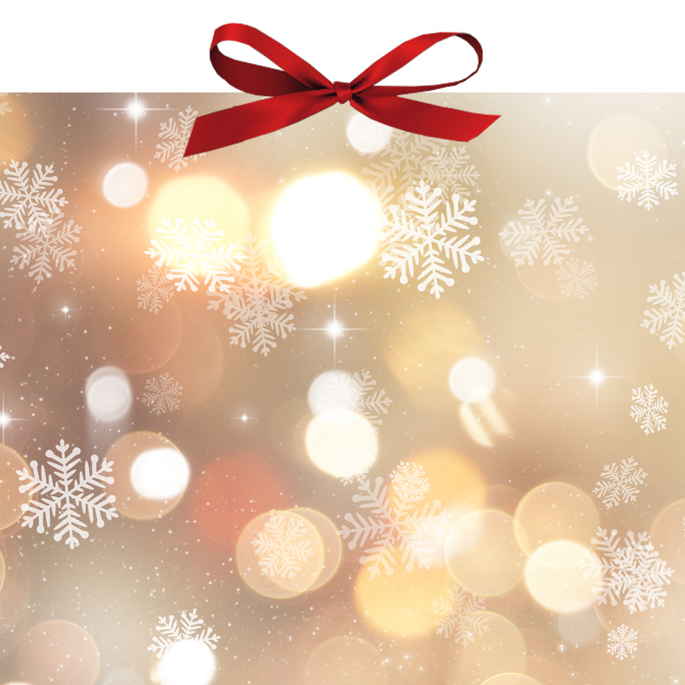 Christmas background with golden snowflakes and red bow