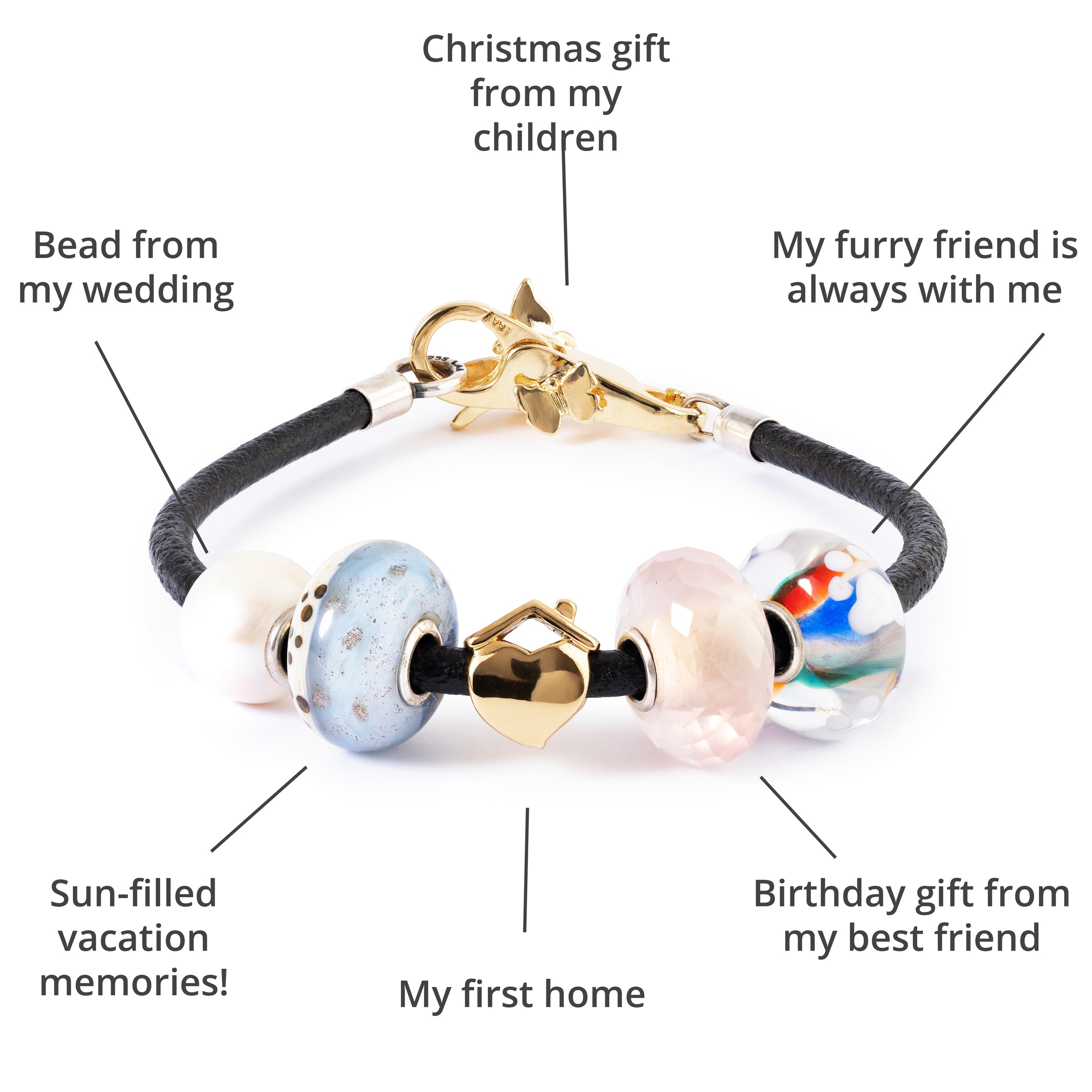 Bracelet with beads in pearl, glass, gold-plated and gemstone