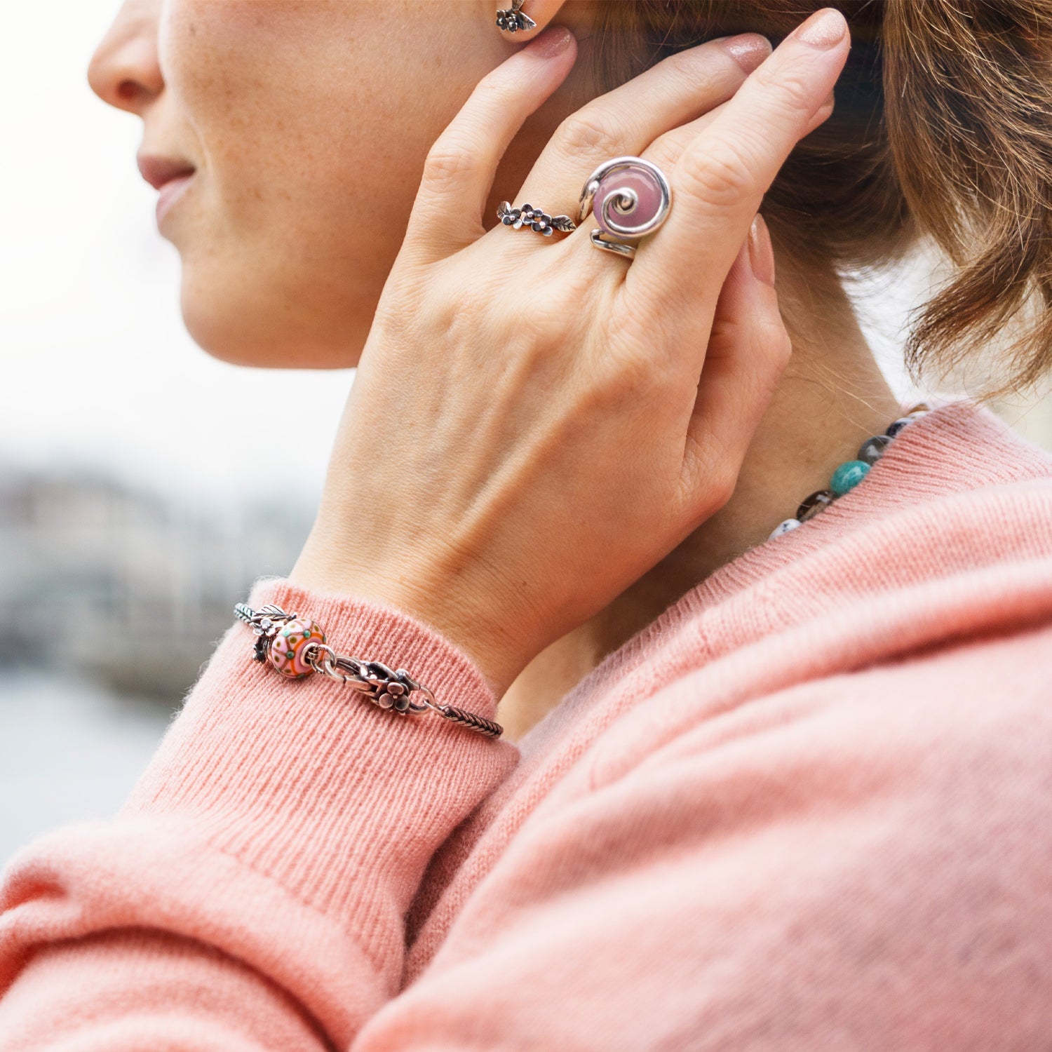 Trollbeads model with Lakeside Bloom bracelet, rings, You necklace and earring studs