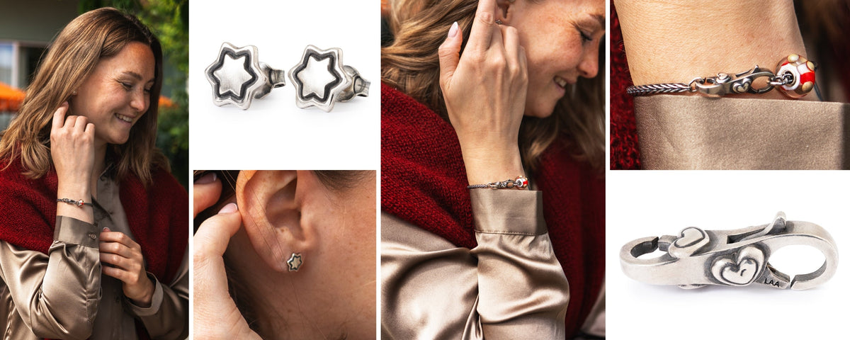 Collage of images of a model wearing different beads, bracelets and earrings