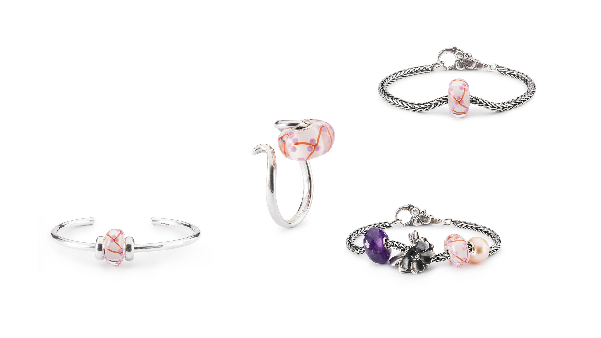 Ferskenblomst kugle i forskelllige smykkekombinationer; armring, ring, simplet rævehalearmbånd and en lækker kombination med amatyst, æbleblomst kuglen, og rosa perle med en blomsterlås