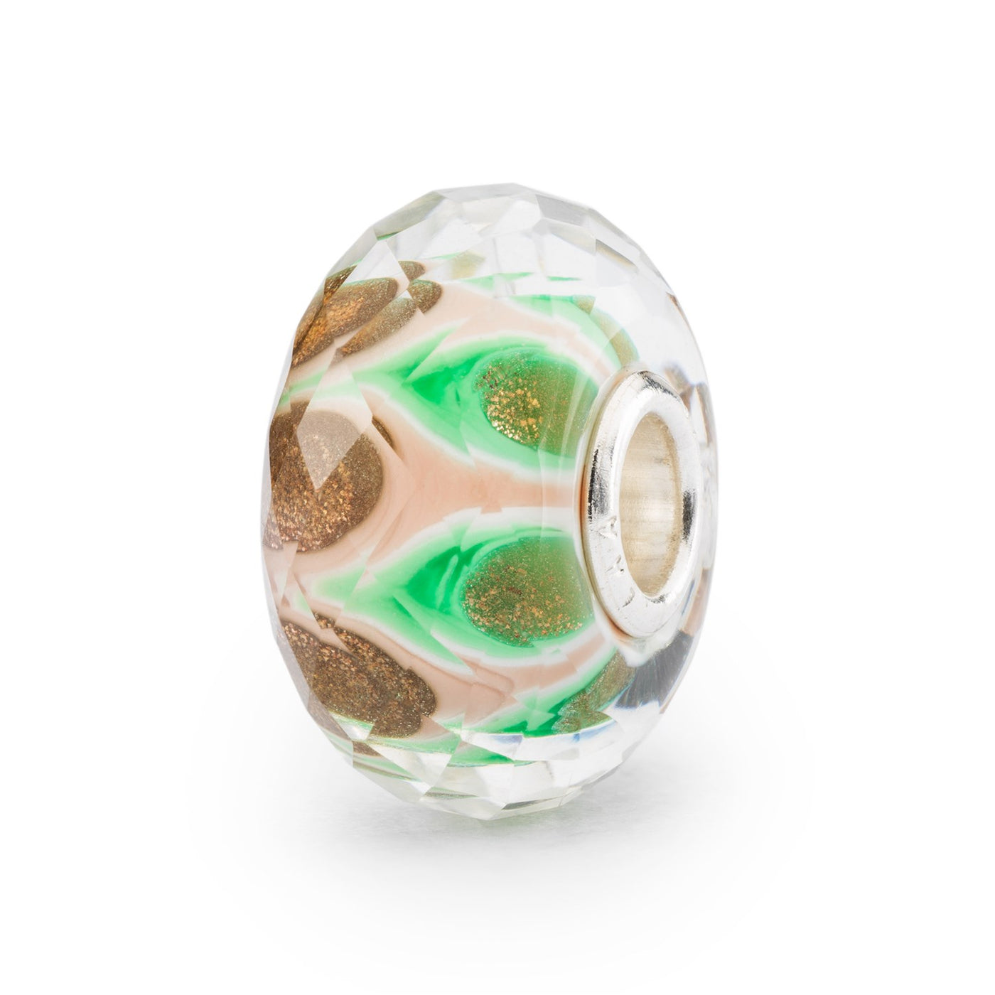 Fortryllende facetteret glaskugle med en blanding af grønne og blege lyserøde nuancer, inspireret af et mandalamønster.
